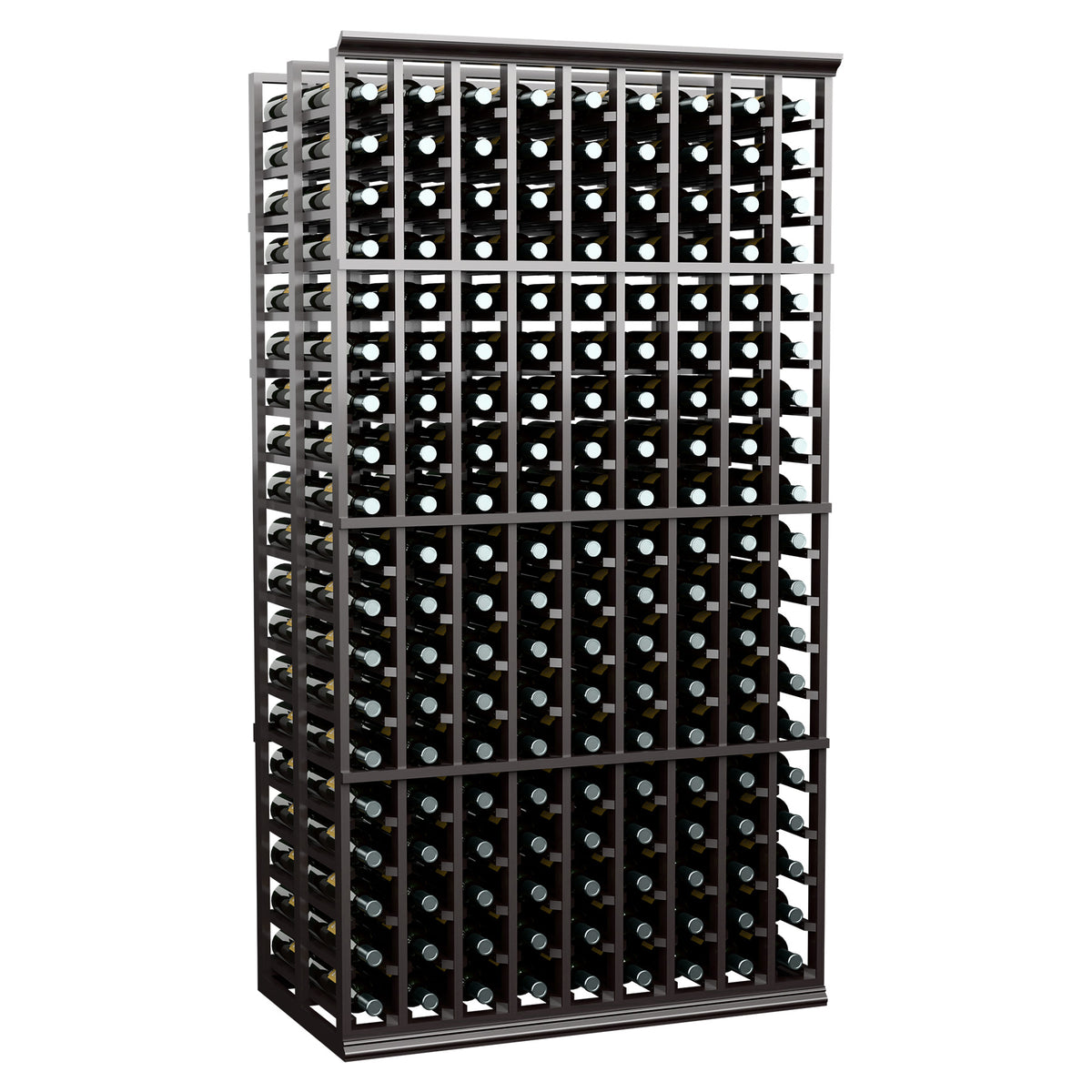 Wine bottle storage rack, 9-column double-deep, dark frame with bottle tops facing out.