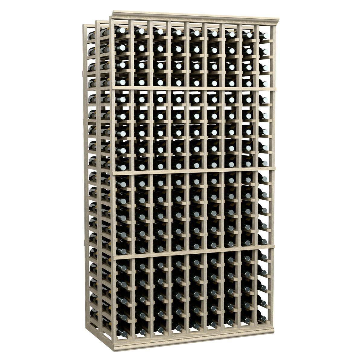 Light wood double-deep wine bottle rack with front cradles holding upright bottles