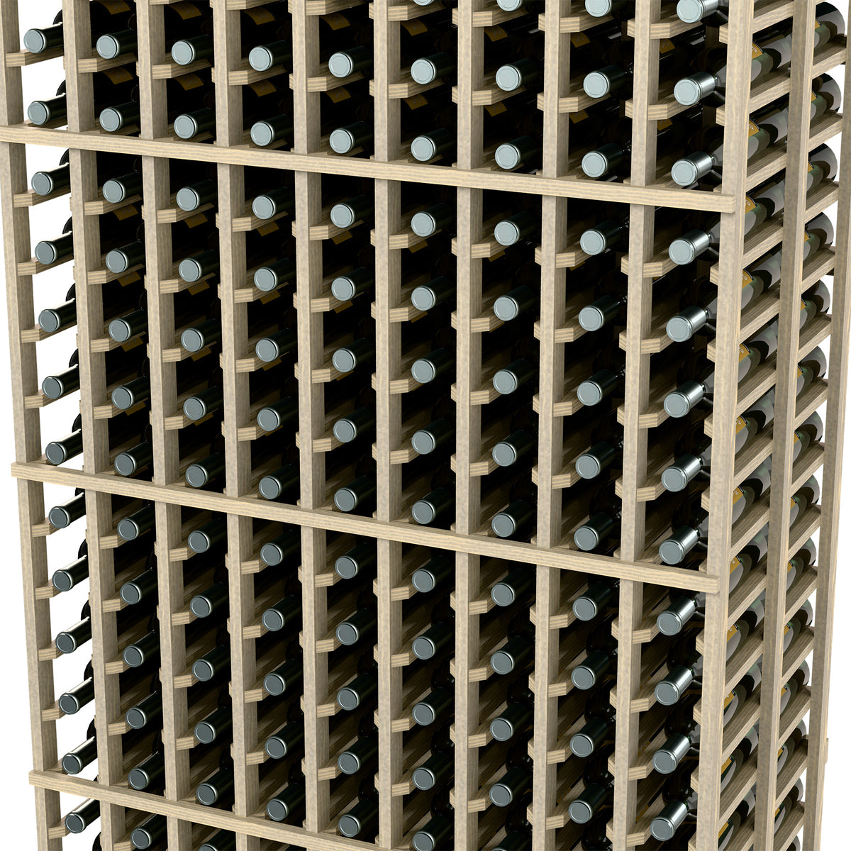 Close-up of light wood wine rack grid with bottle necks nested in individual slots