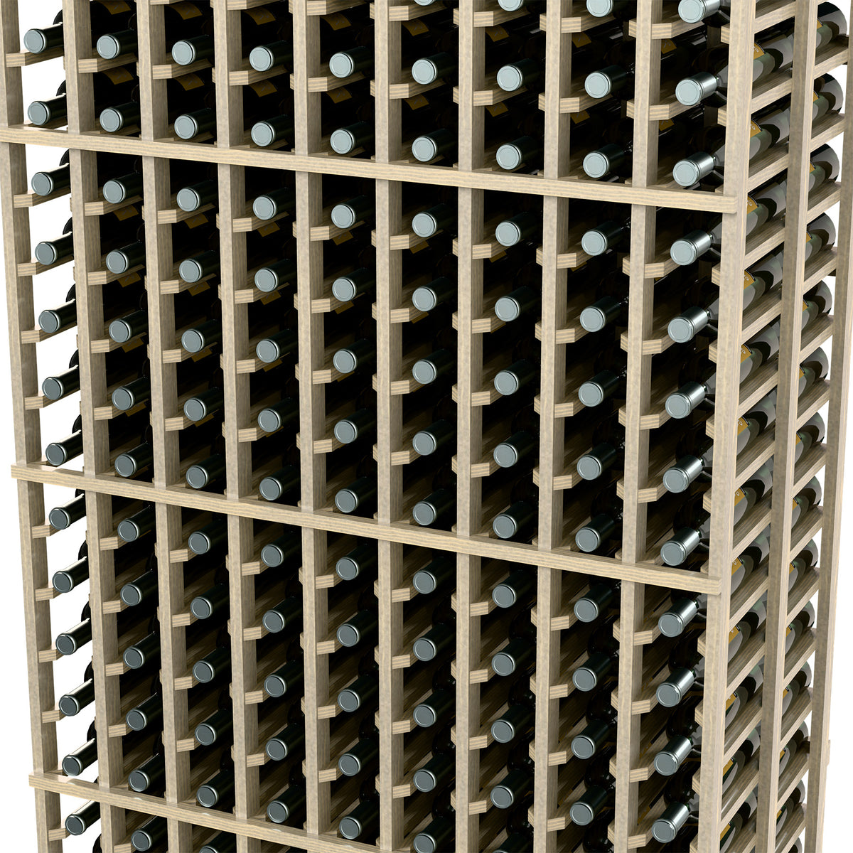 Close-up of light wood double-deep wine rack showing bottle slots and dividers