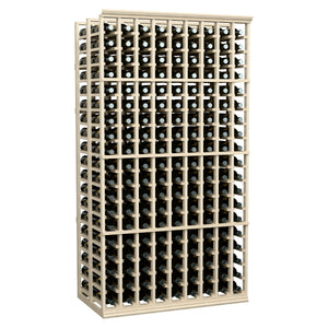 Light wood double-deep wine bottle rack with front and side bottle storage openings