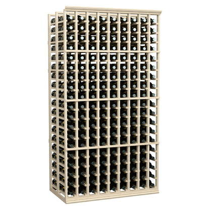 Light wood double-deep wine bottle rack with front and side bottle storage openings