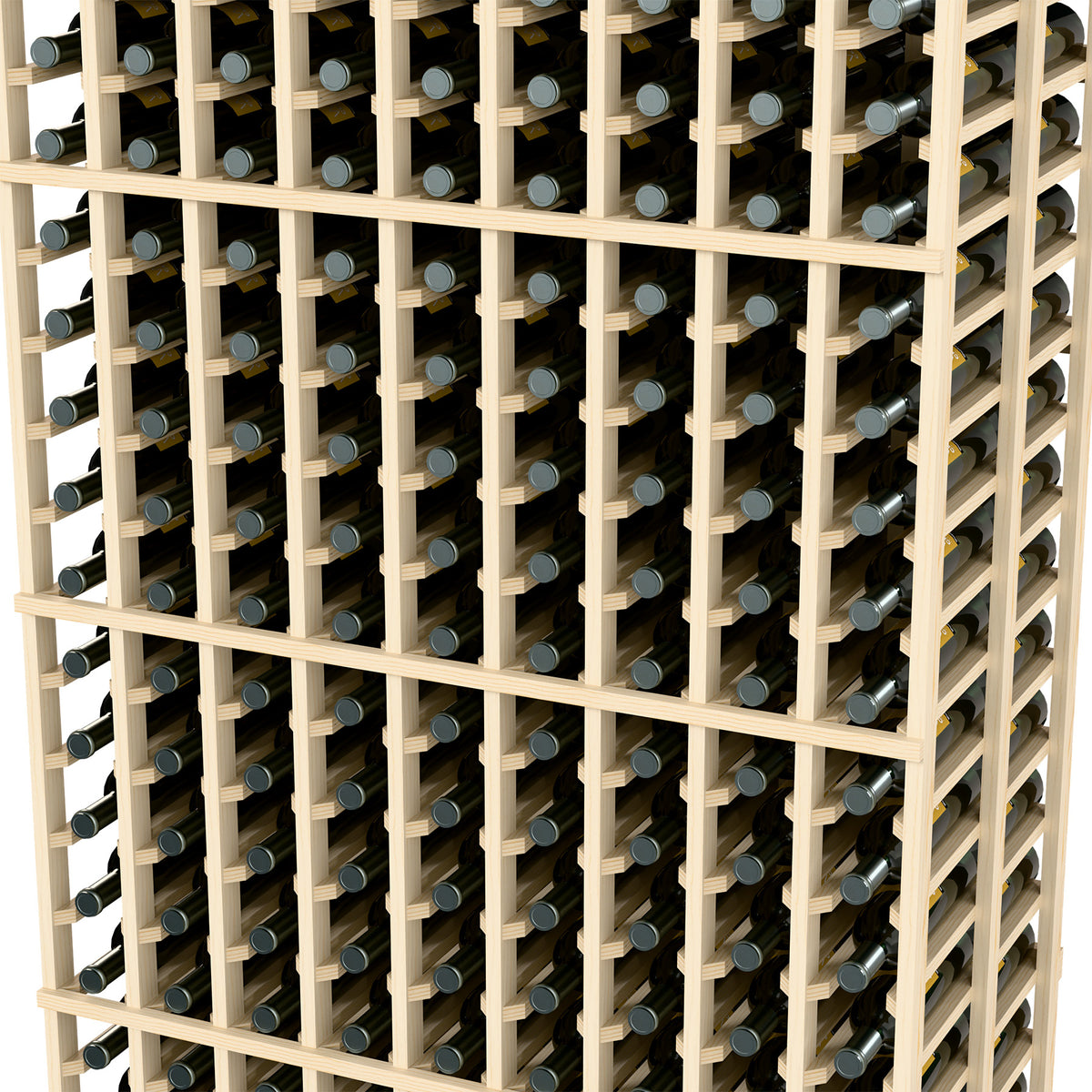 Close-up view of light wood wine rack with bottle cradles across several rows
