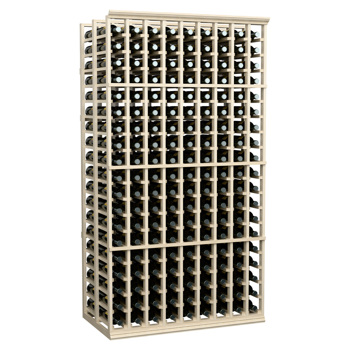 Light wood double-deep wine bottle rack with upright bottles in a tall grid frame