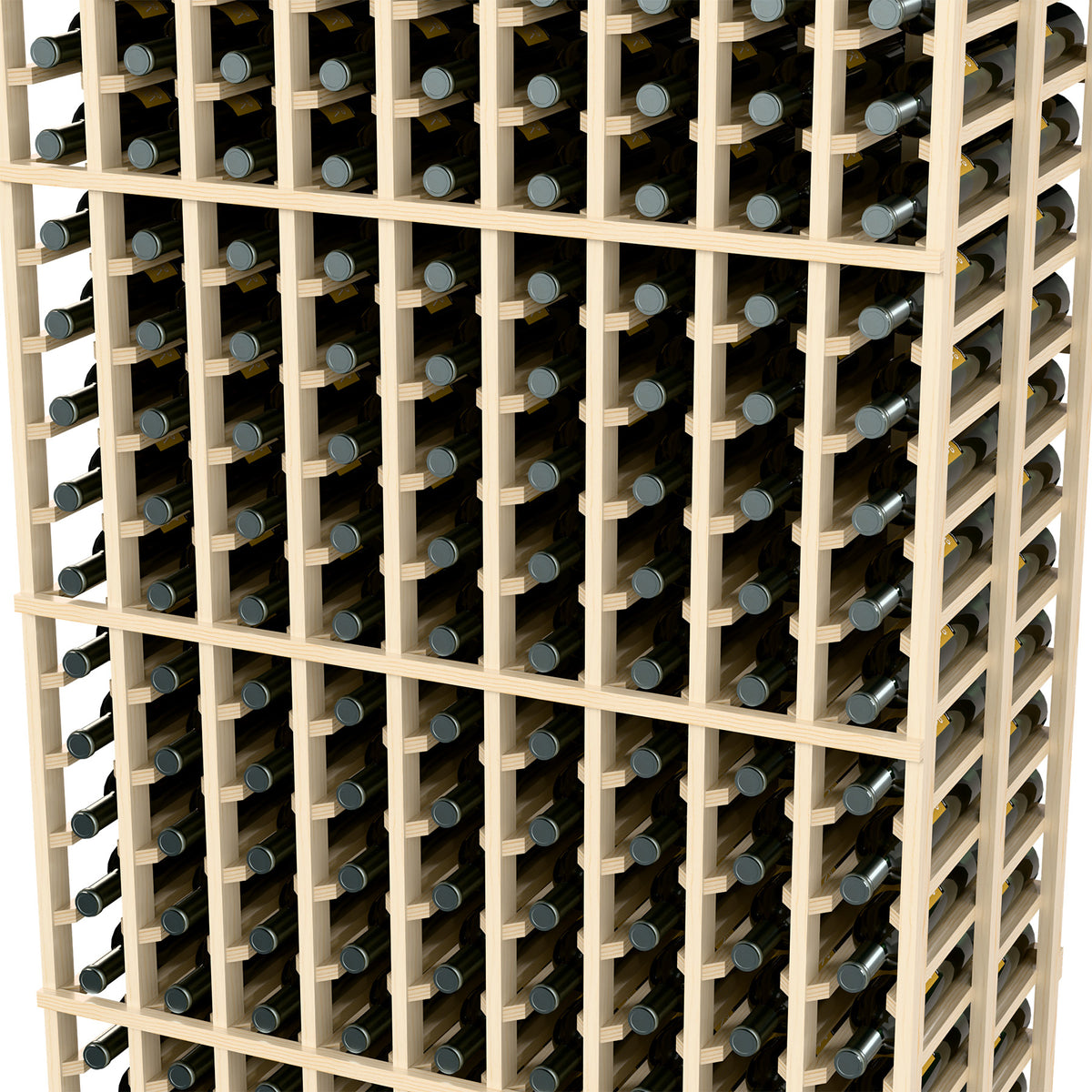 Close-up of light wood wine rack showing bottle slots framed by horizontal rails