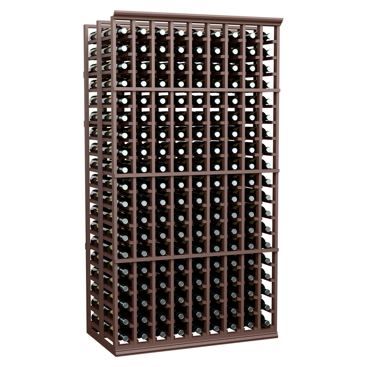 Dark wood double-deep wine bottle rack with upright bottles in a tall compartment frame