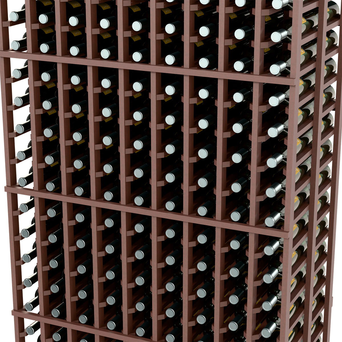 Close-up of dark wood wine rack grid with bottle necks seated in individual slots