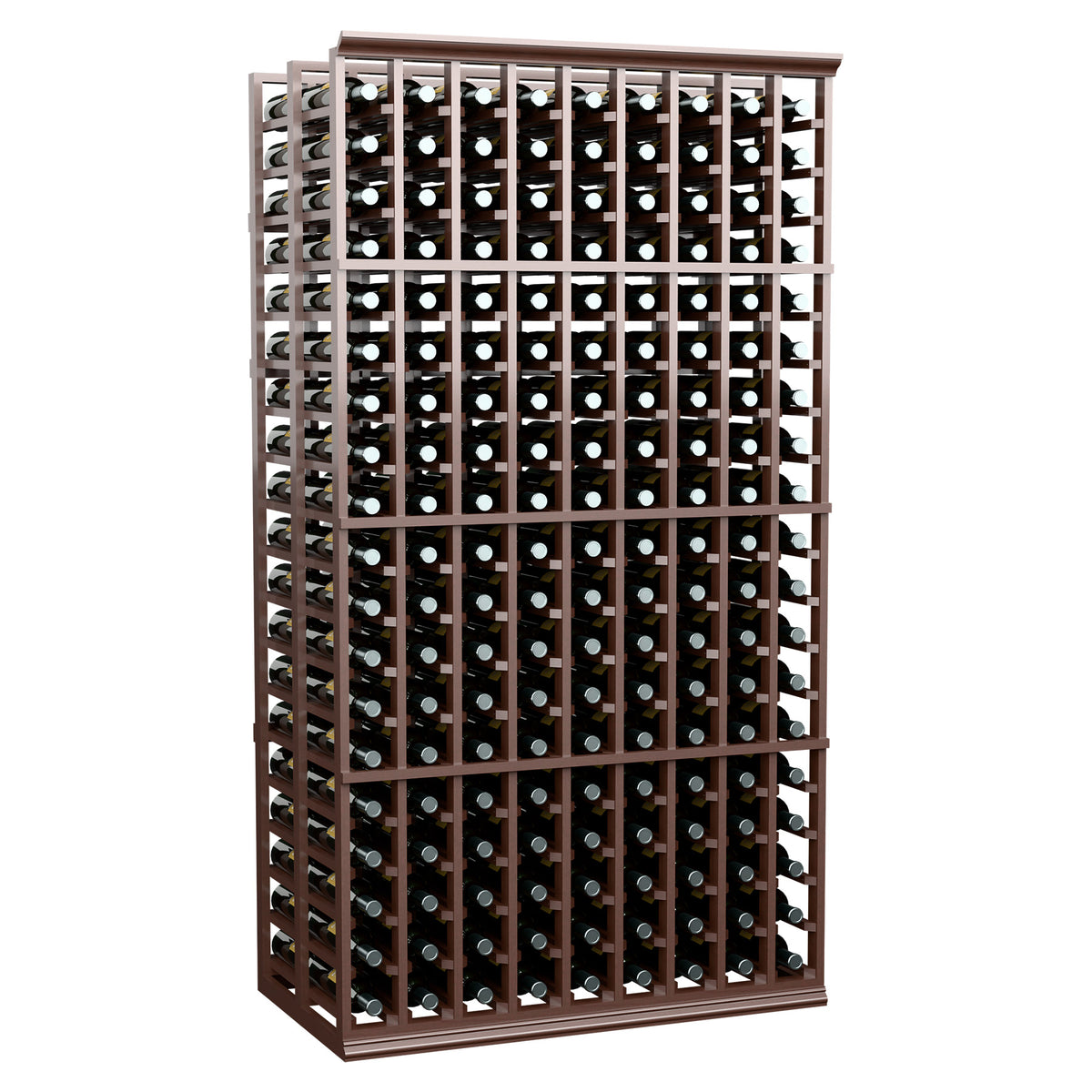 9-column double-deep wine rack in dark brown wood with black bottle supports