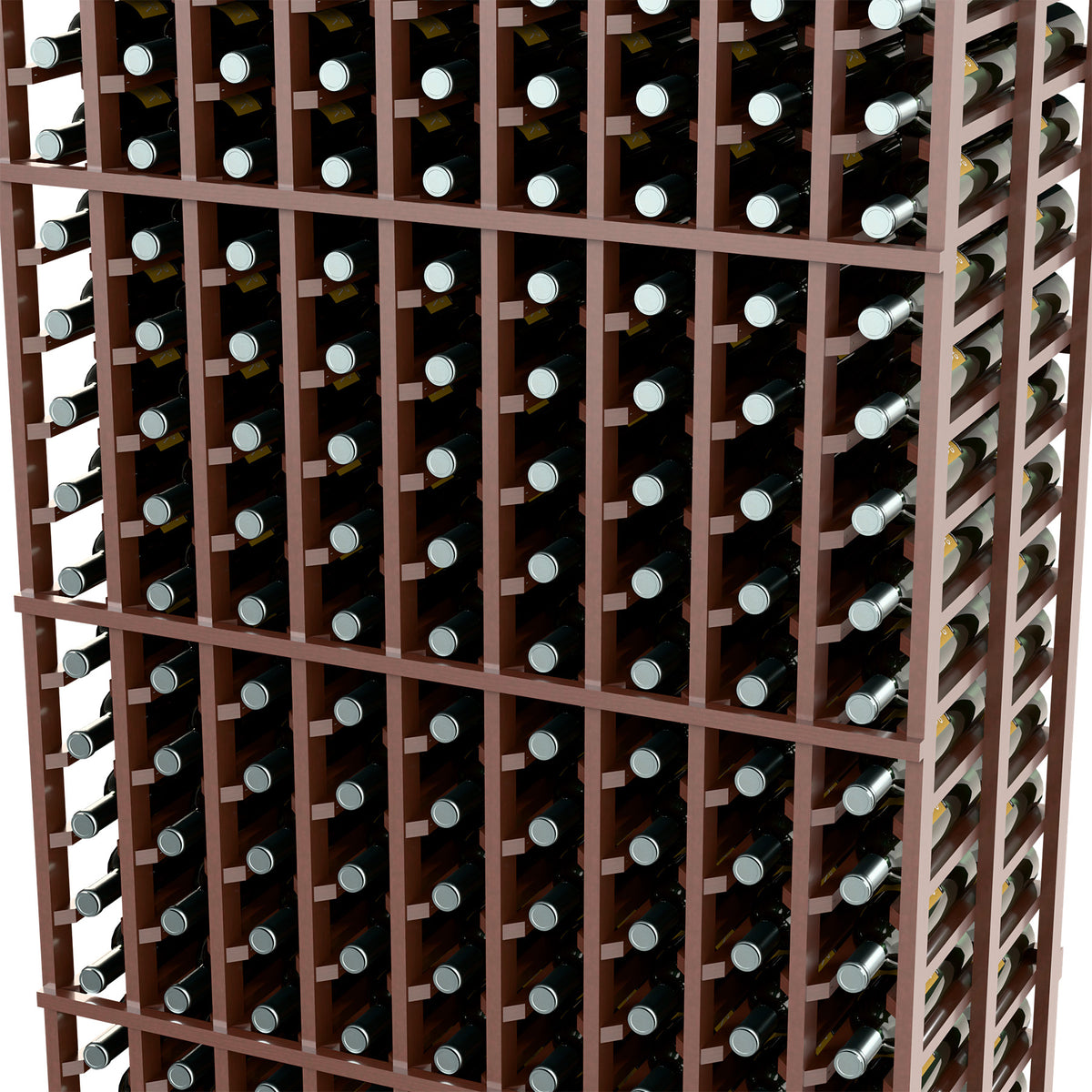 Close-up of dark brown wine rack grid holding wine bottles