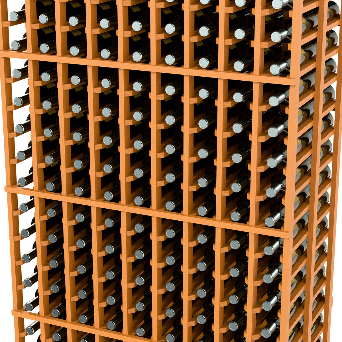 Close-up of natural wood wine rack grid holding wine bottles