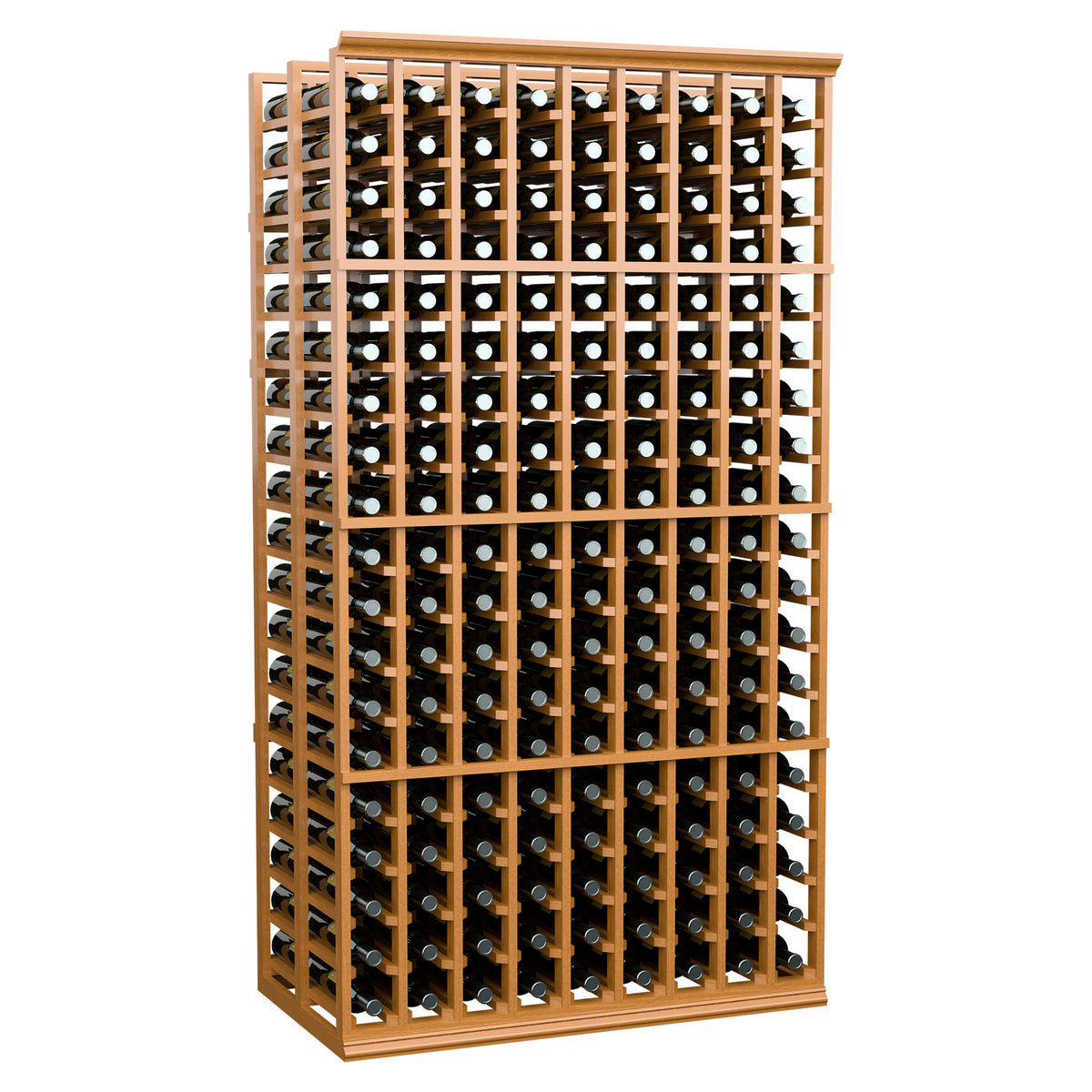 9-column double-deep wine rack with light natural wood frame and bottle rows