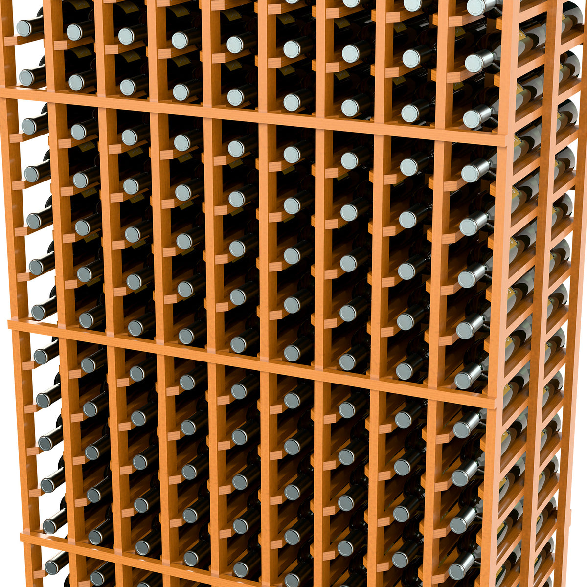 Close-up of light natural wood wine rack grid with bottle holders