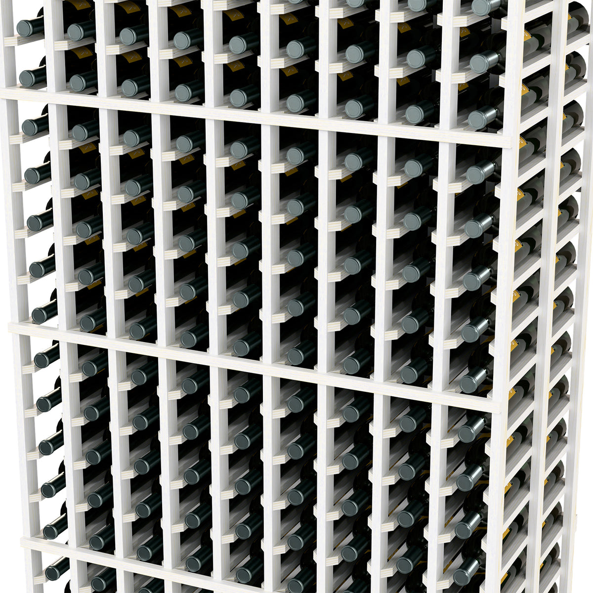 Close-up of white wine rack grid holding wine bottles