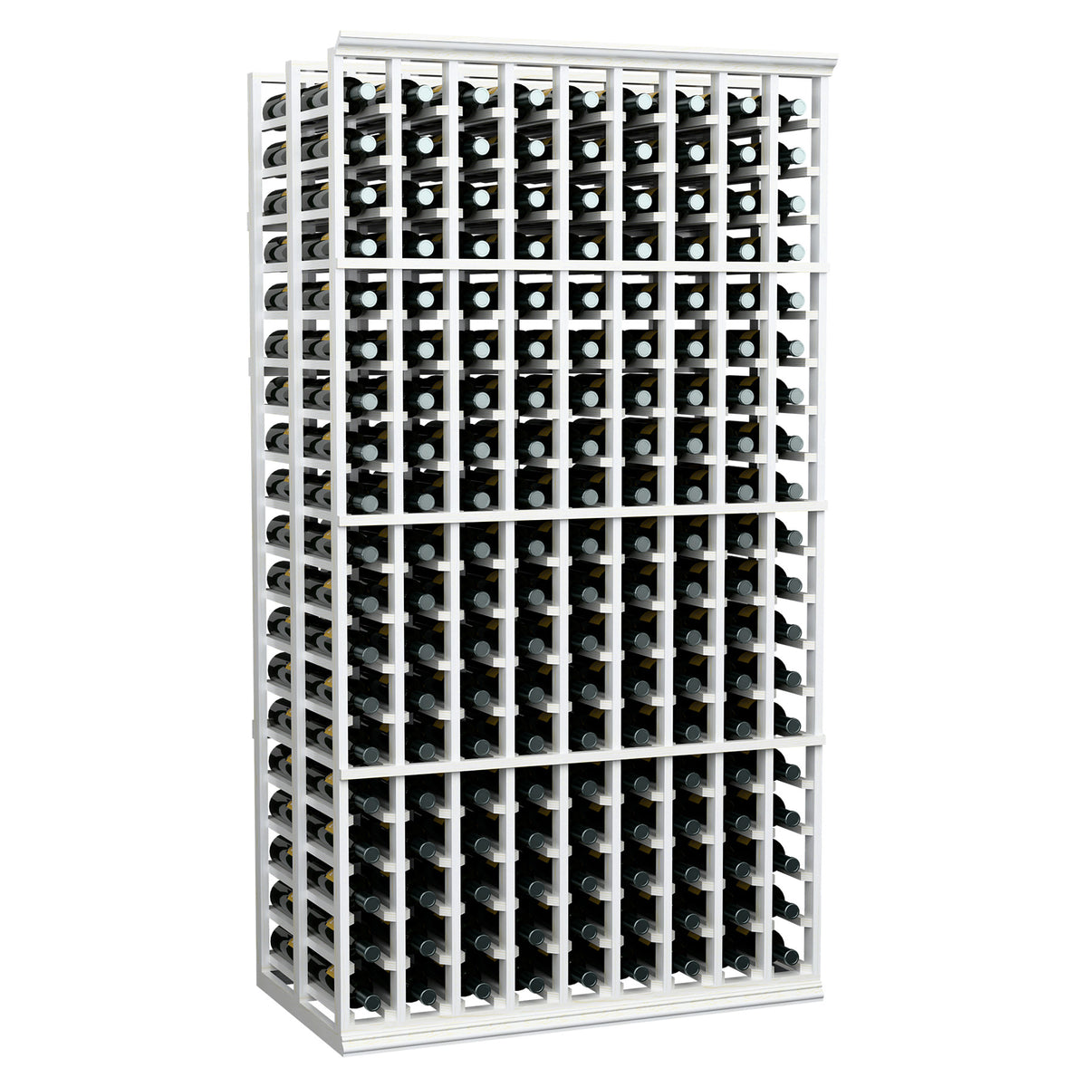 9-column double-deep wine rack in white wood with bottle rows
