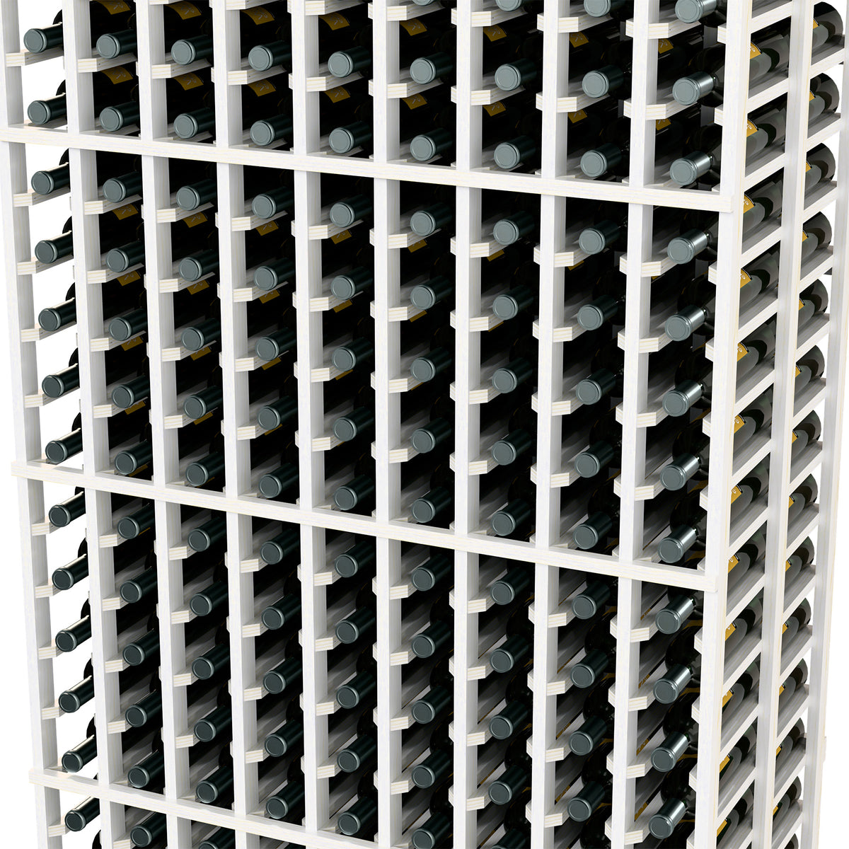 Close-up of white wine rack grid with bottle holders