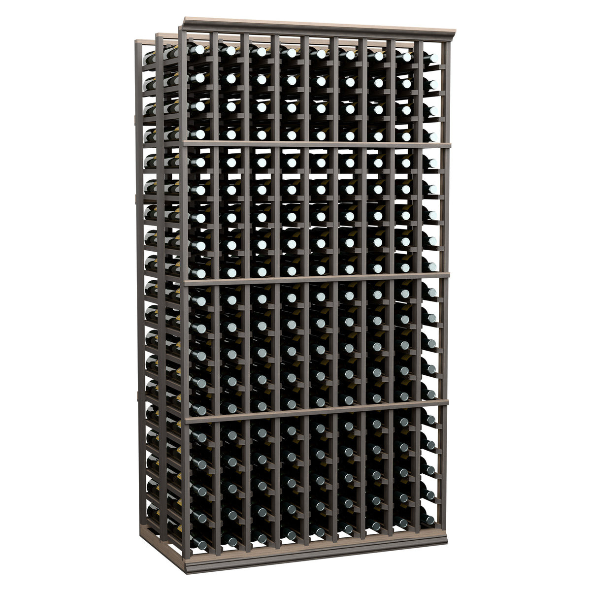 6 ft double deep wine bottle rack with dark frame and rows of bottles