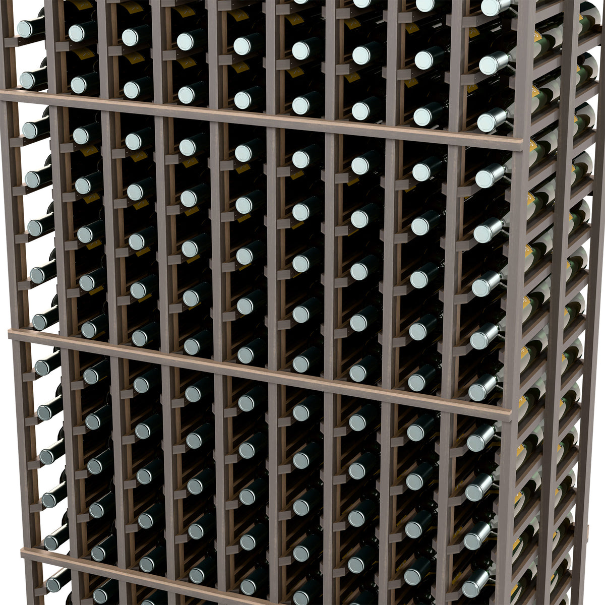 Close-up of dark wine bottle rack interior with bottle necks in grid slots