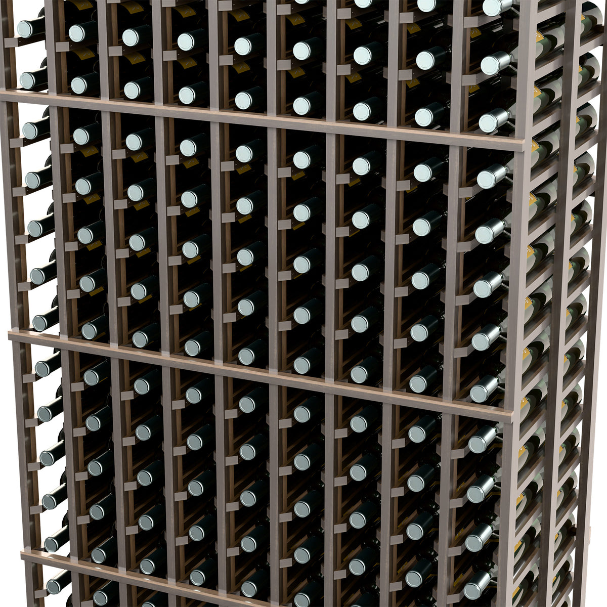 Close-up view of dark wine bottle rack showing bottle rows and dividers