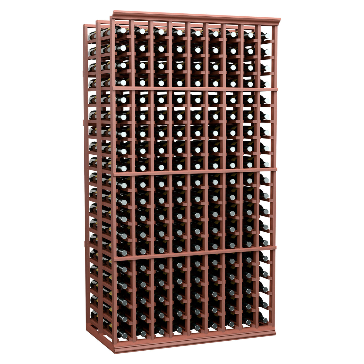 6 ft double deep wine bottle rack with reddish frame and stocked bottle slots
