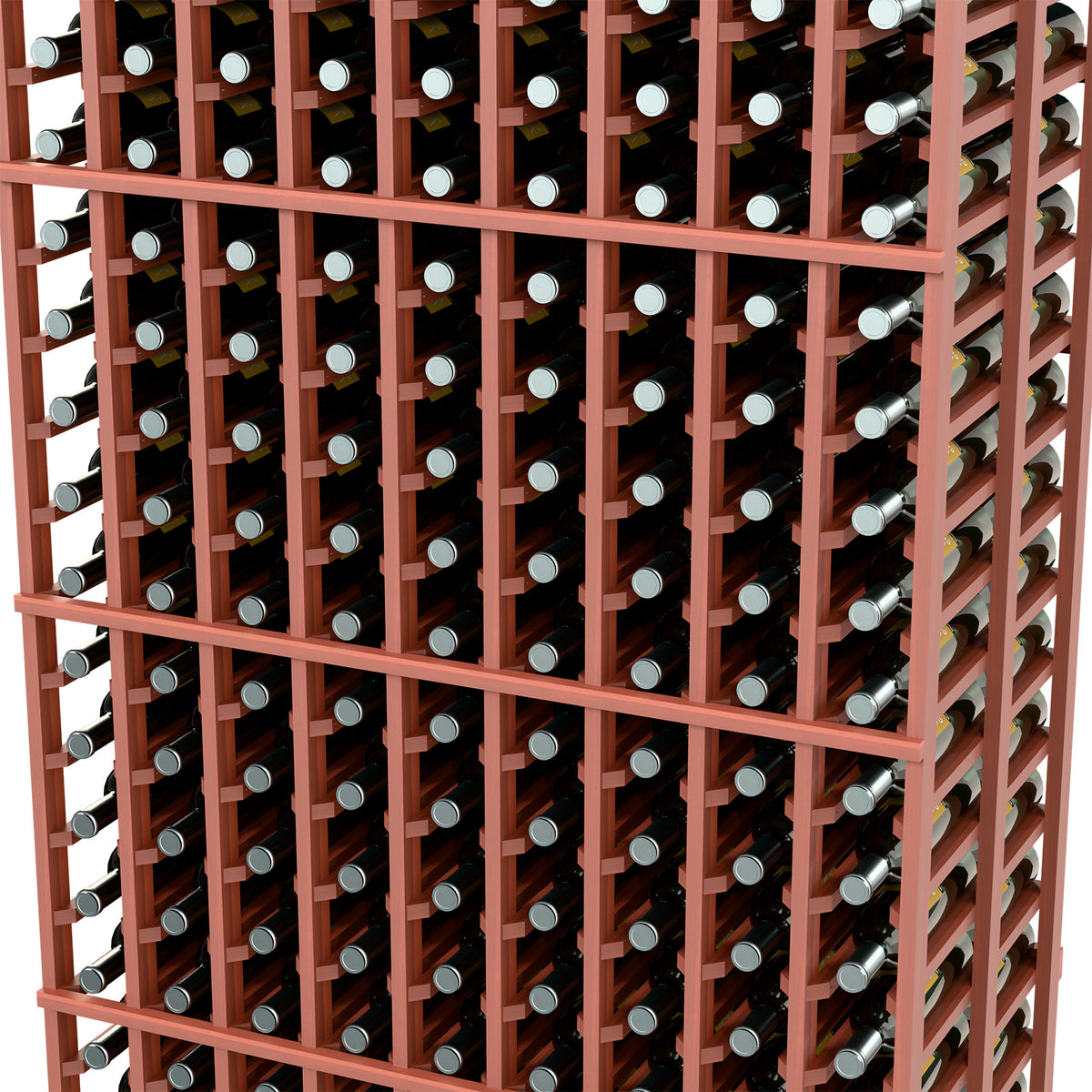 Close-up of reddish wine bottle rack with bottle necks in organized compartments