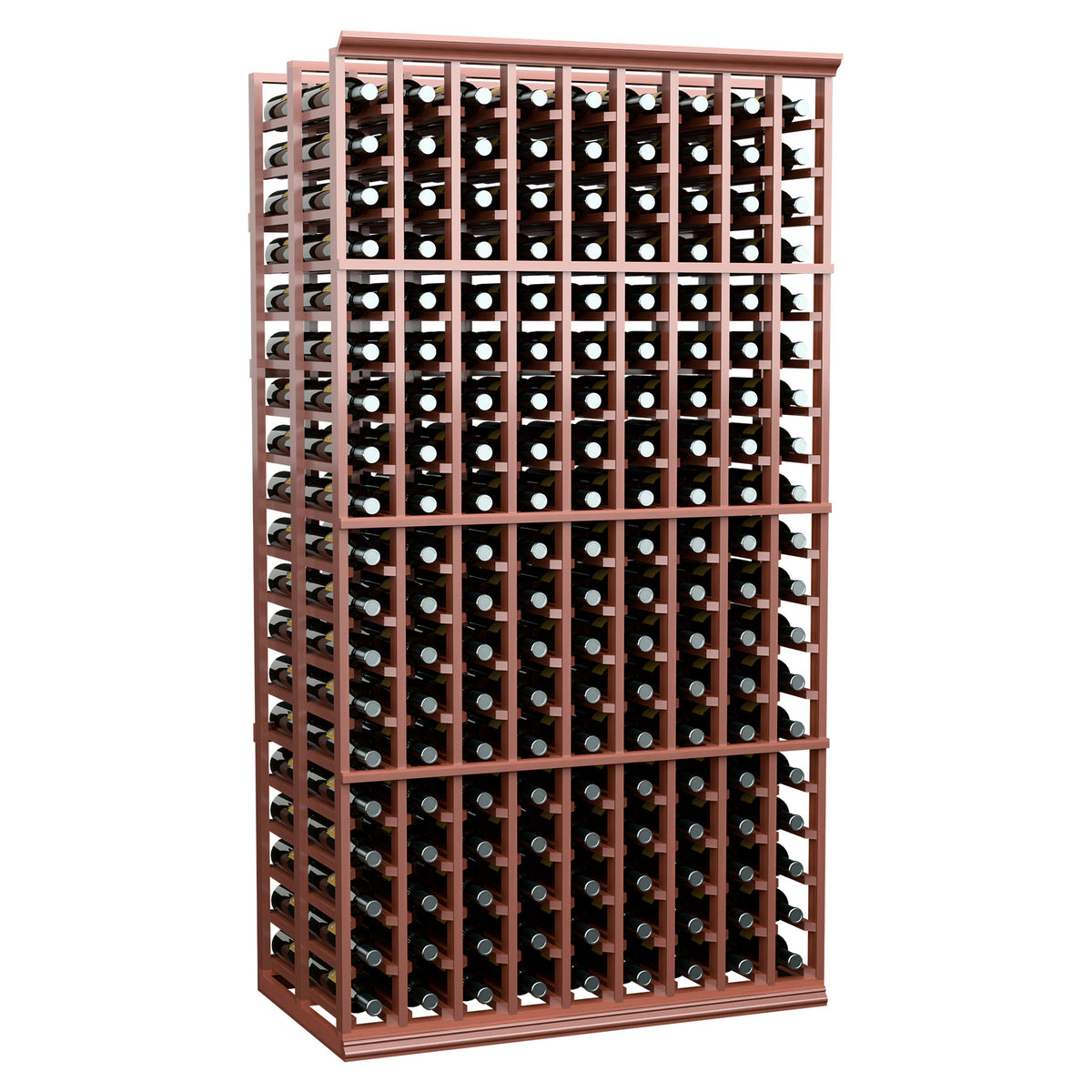 6 ft double deep wine bottle rack with reddish frame and multiple bottle rows