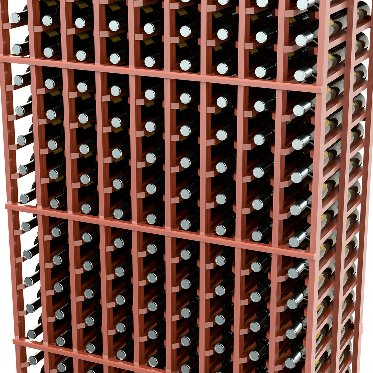 Close-up of reddish wine rack compartments holding bottles in rows