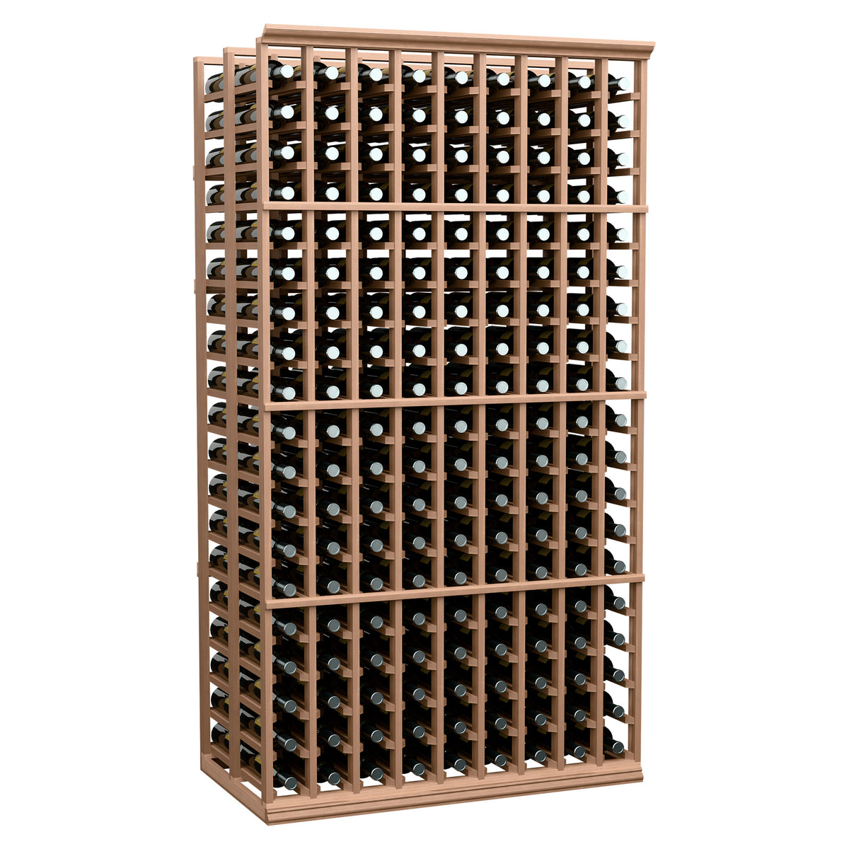 6 ft double deep wine bottle rack with light wood frame and bottle grid slots