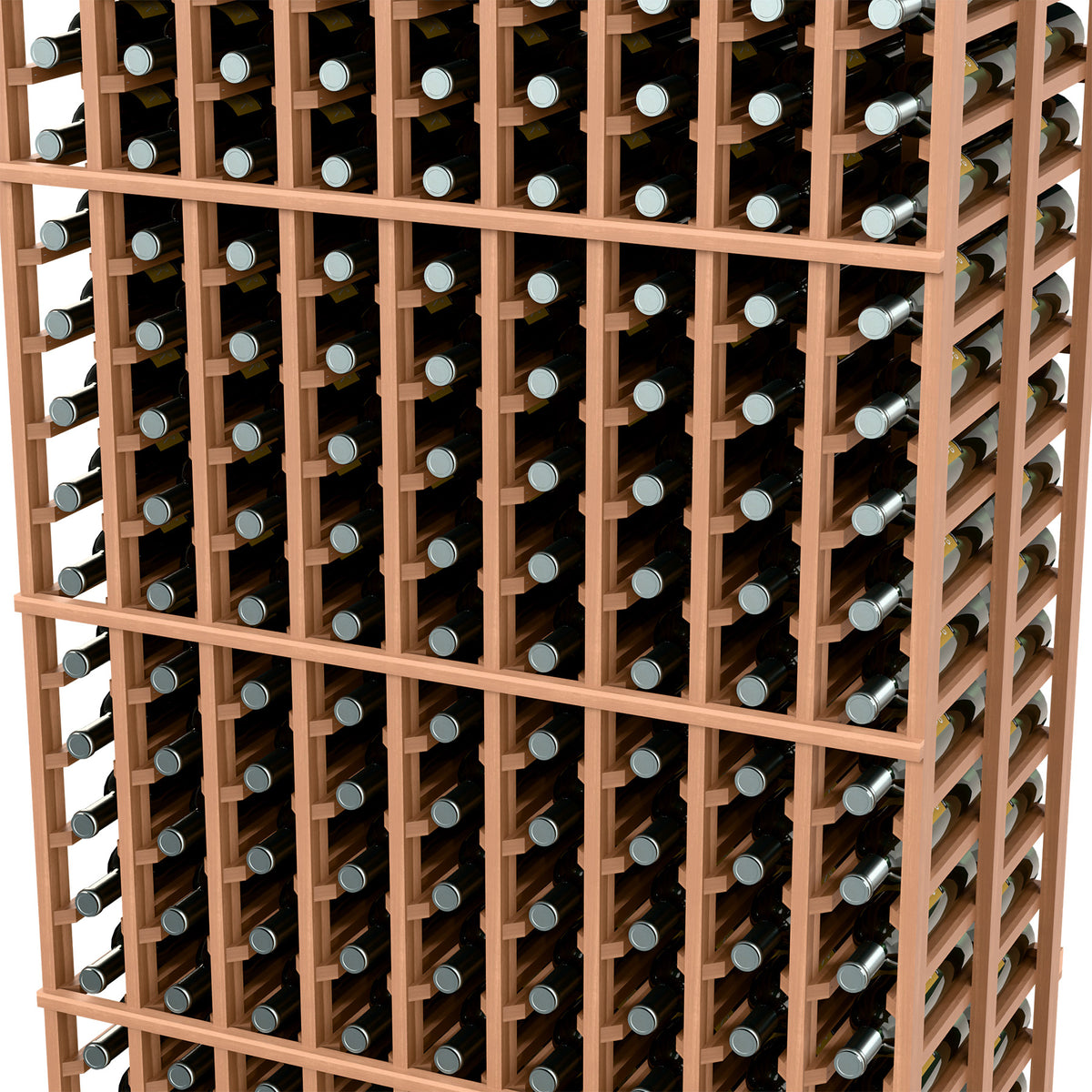 Close-up of light wood wine bottle rack with bottle necks in grid dividers