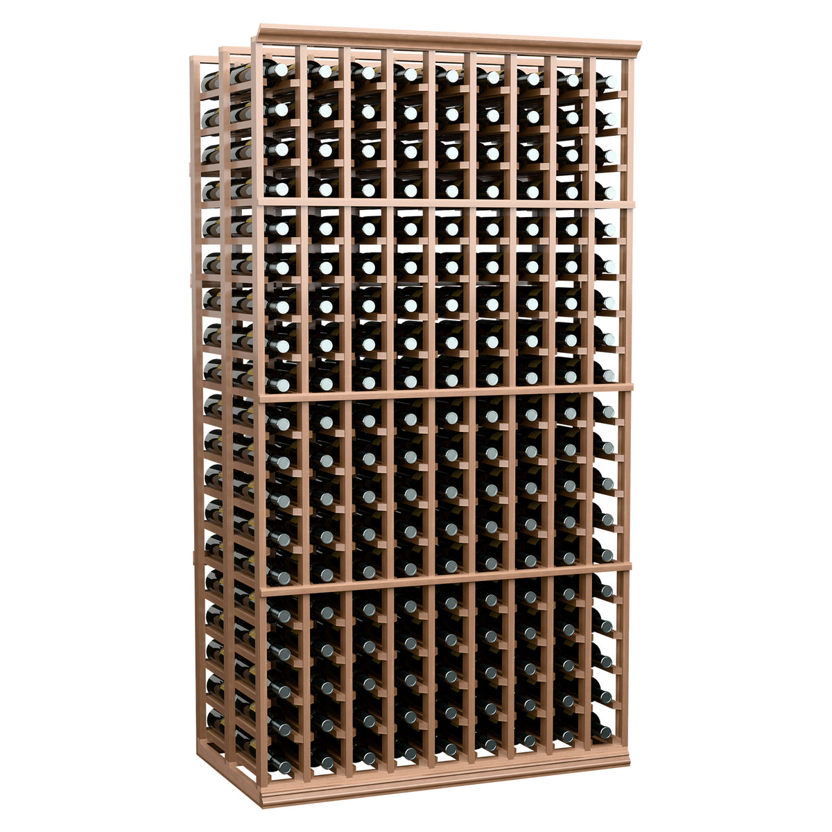 Double-deep 9-column wine rack, 6 ft; natural wood frame with bottle slots