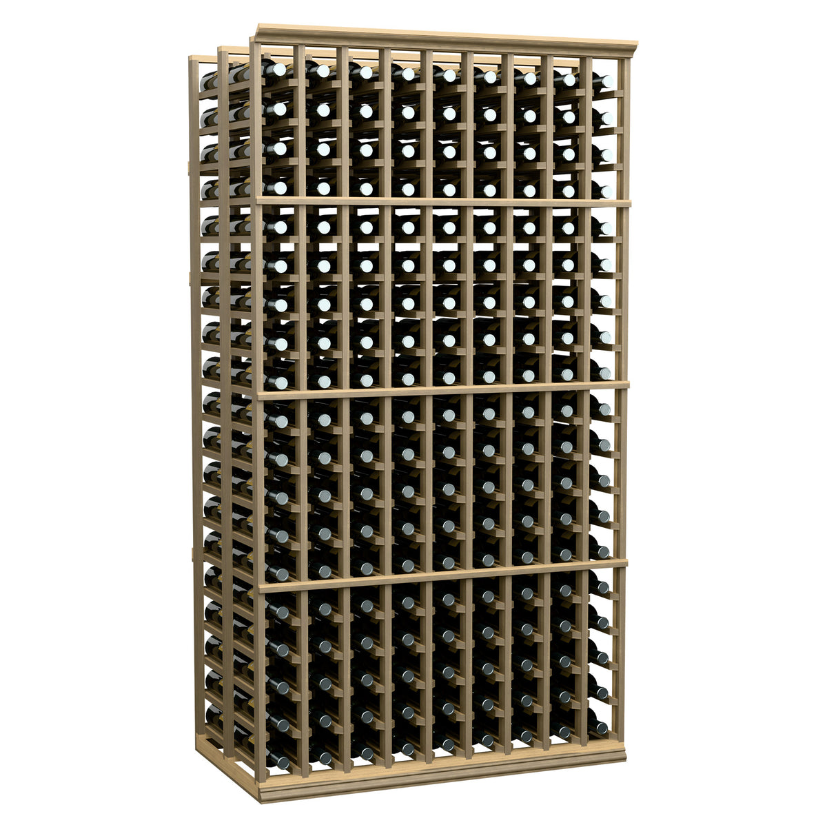 Double-deep 9-column wine rack, 6 ft; light wood frame with bottle storage