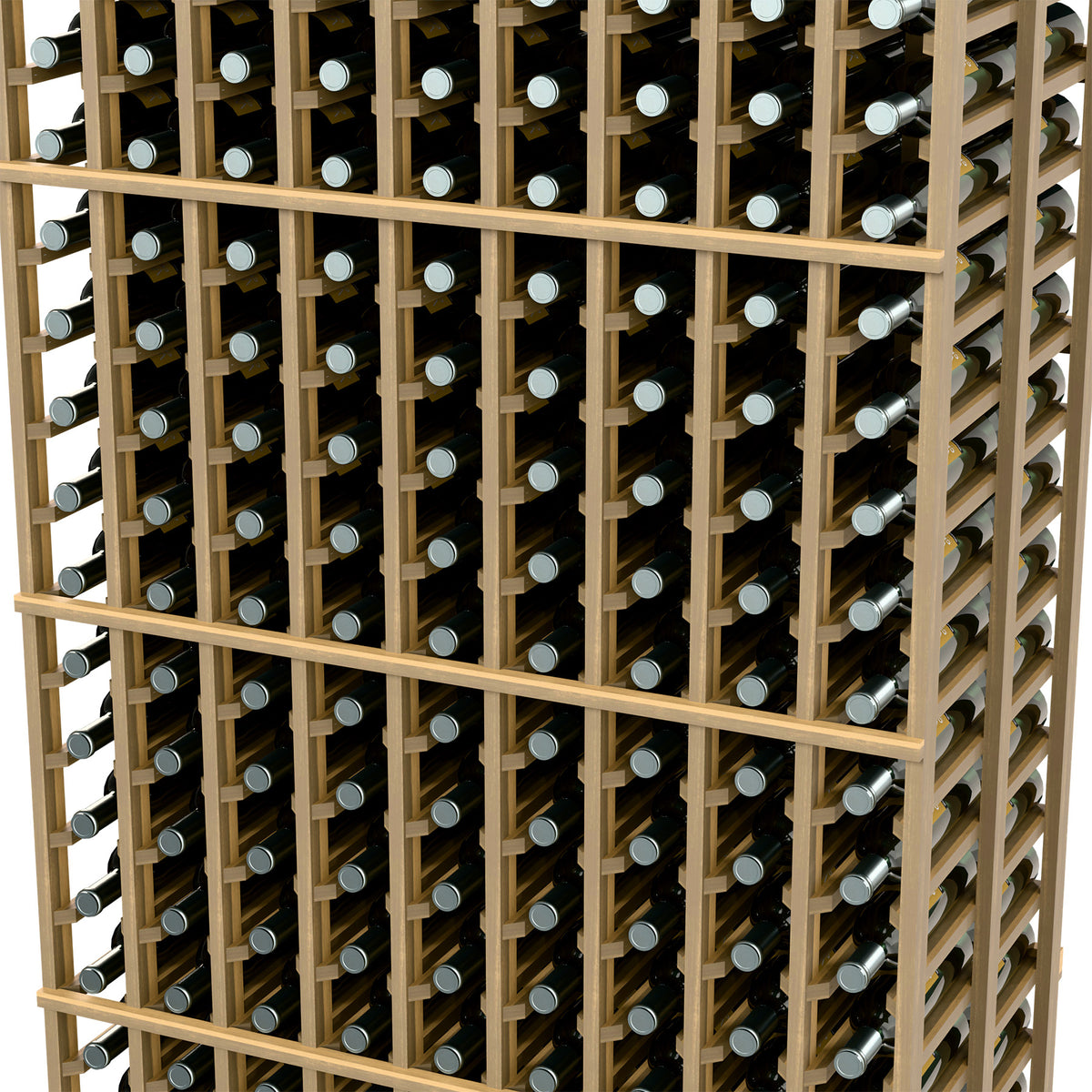 Natural wood wine rack close-up with crisscross rails and bottle openings