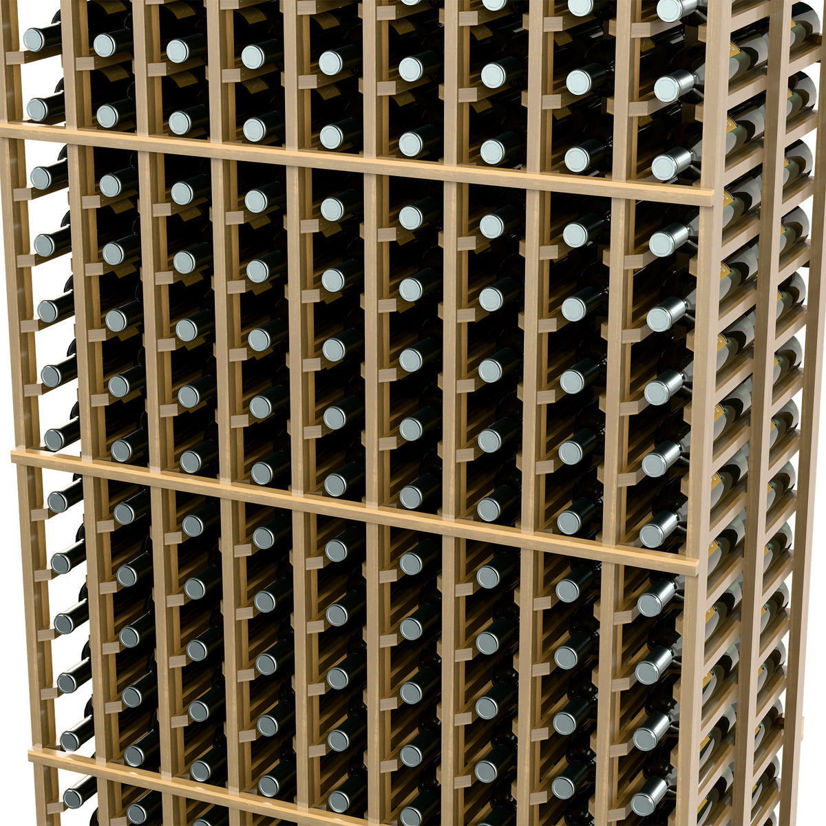 Natural wood wine rack interior with bottle rows behind parallel wooden bars
