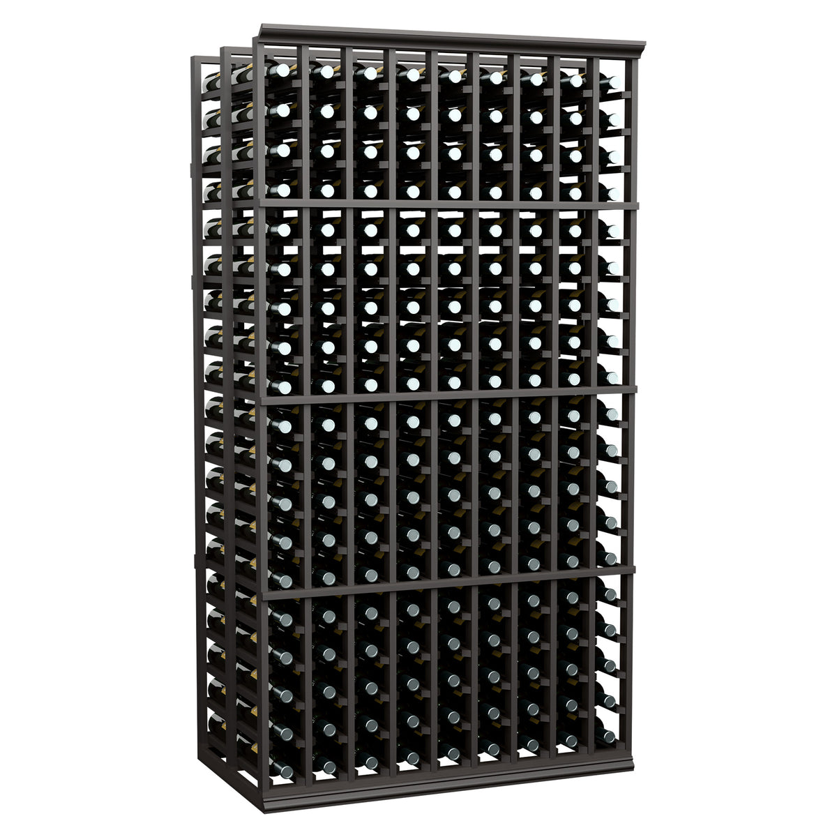 Double-deep 9-column wine rack, 6 ft; dark frame with bottle slots and rails