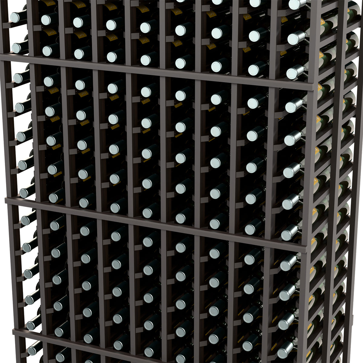 Dark wood wine rack close-up showing rows of bottle openings and round bottle tops