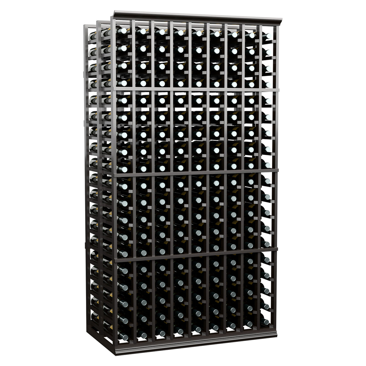 Double-deep 9-column wine rack, 6 ft; black-stained frame with wine bottle storage