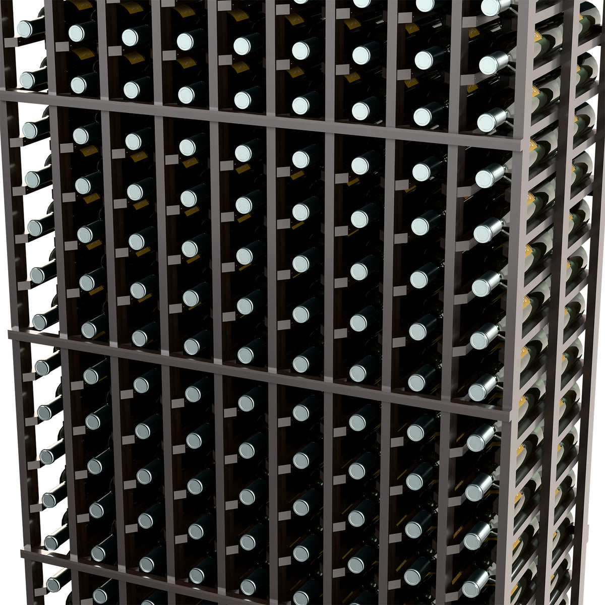 Dark wine rack interior close-up with bottle rows behind horizontal wooden rails