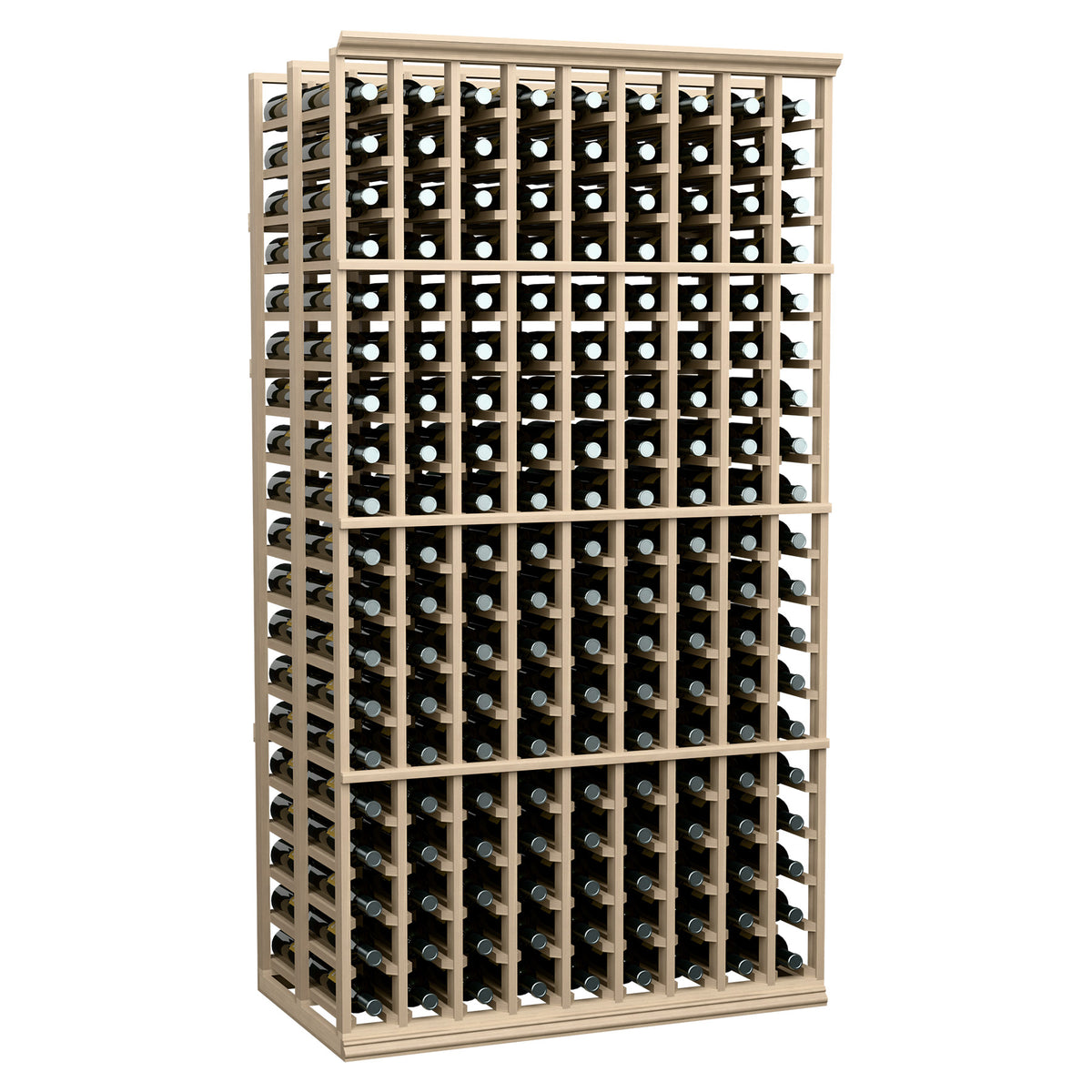 9-column double deep wine bottle rack with light wood frame and black bottle holders