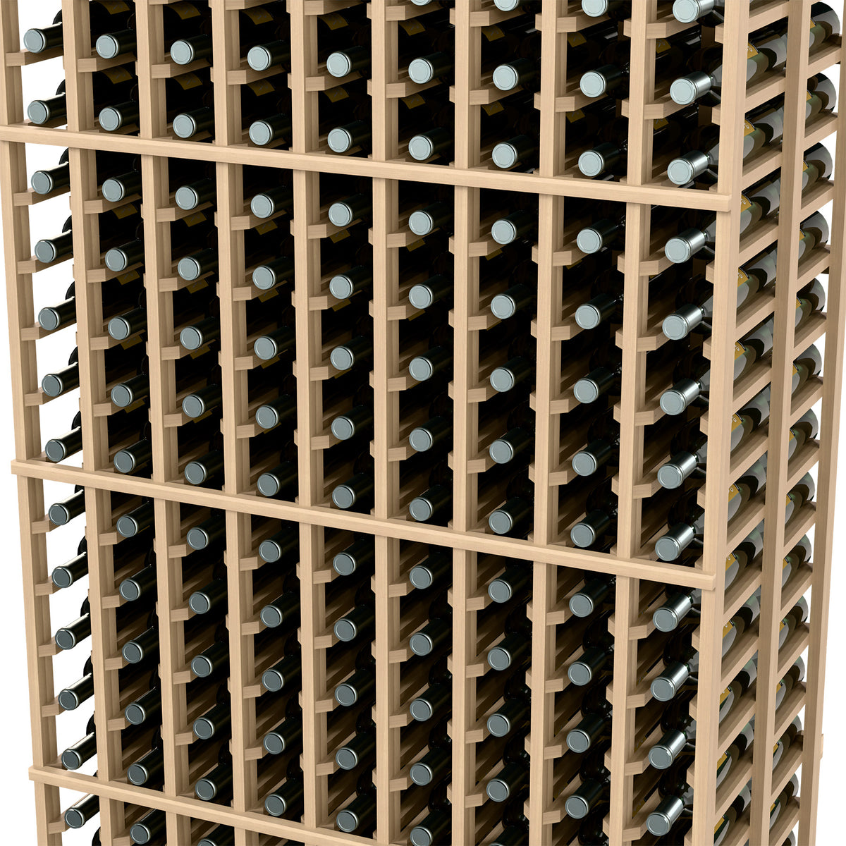 Close-up of 9-column double deep wine bottle rack with light wood dividers and bottles