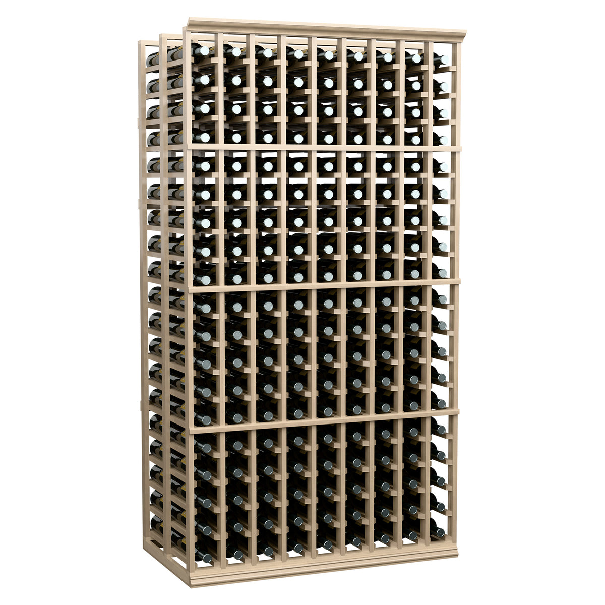 9-column double deep wine bottle rack, front view with light wood frame and bottle slots