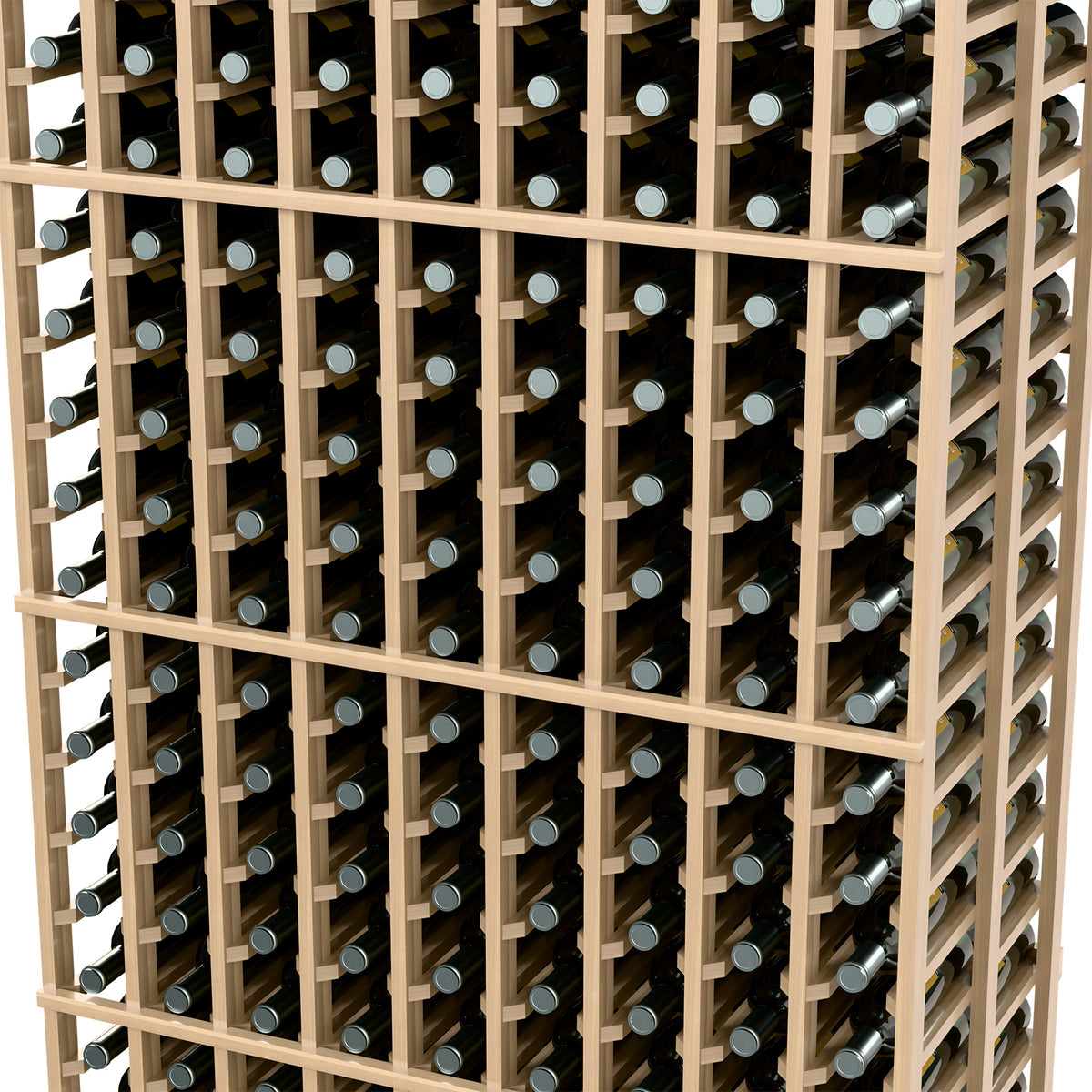 Close-up view of a 9-column double deep wine rack with light wood rails and bottles