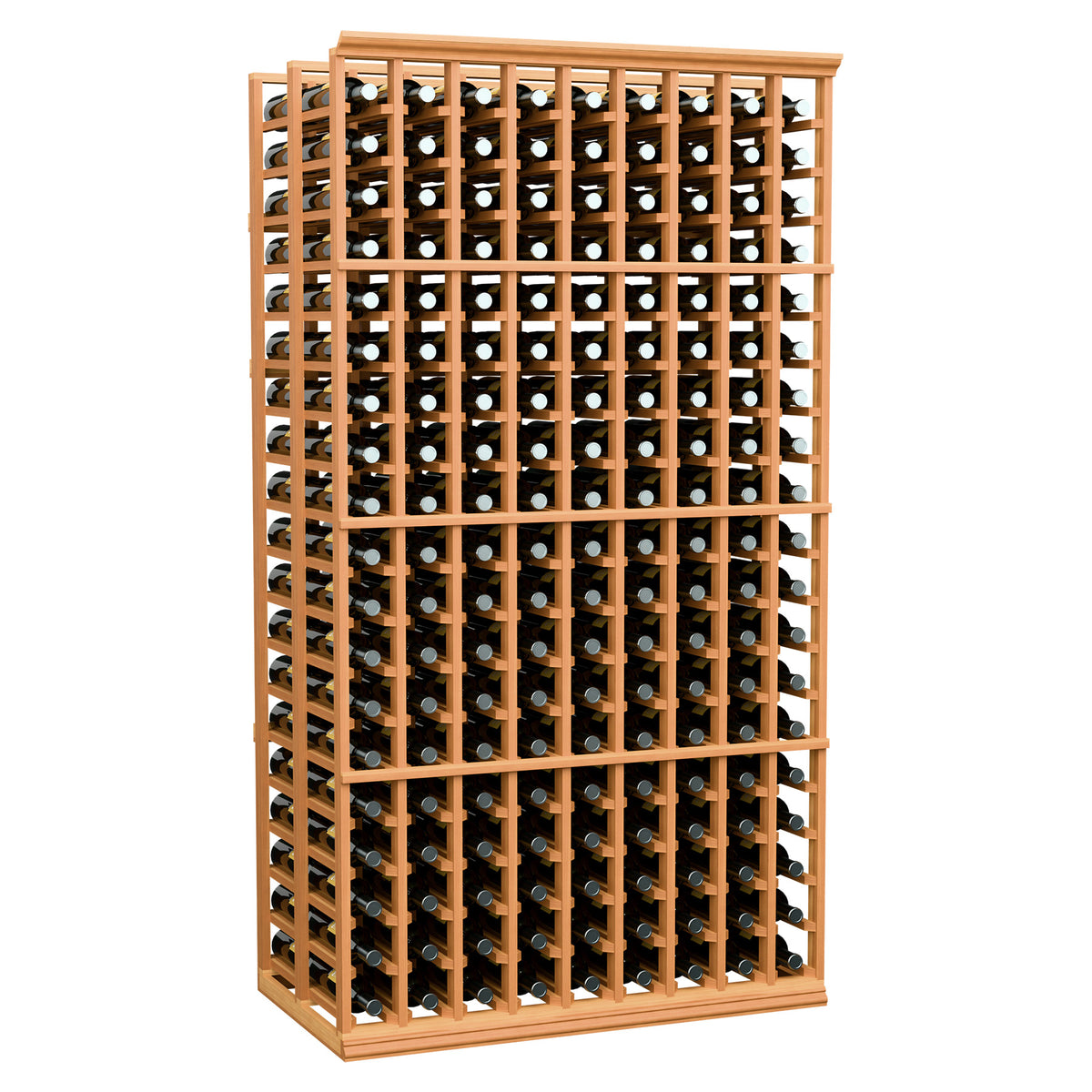 9-column double deep wine bottle rack with warm orange wood frame and black bottle holders