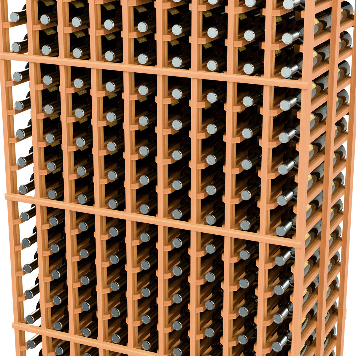 Close-up of 9-column double deep wine bottle rack with orange dividers and bottles