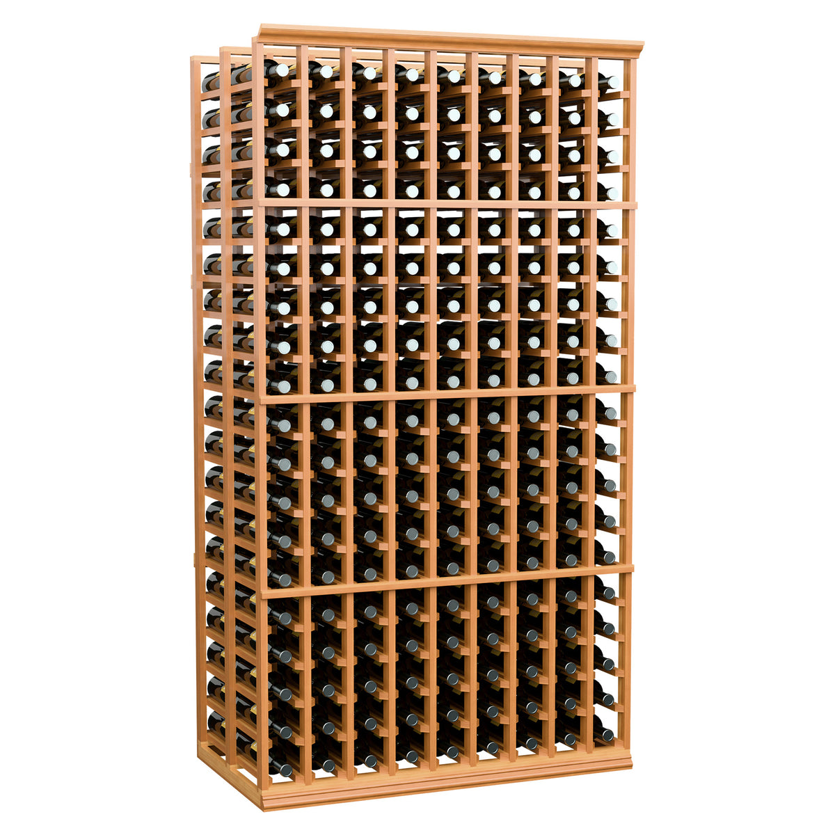 9-column double deep wine bottle rack, front view with warm orange wood frame and slots
