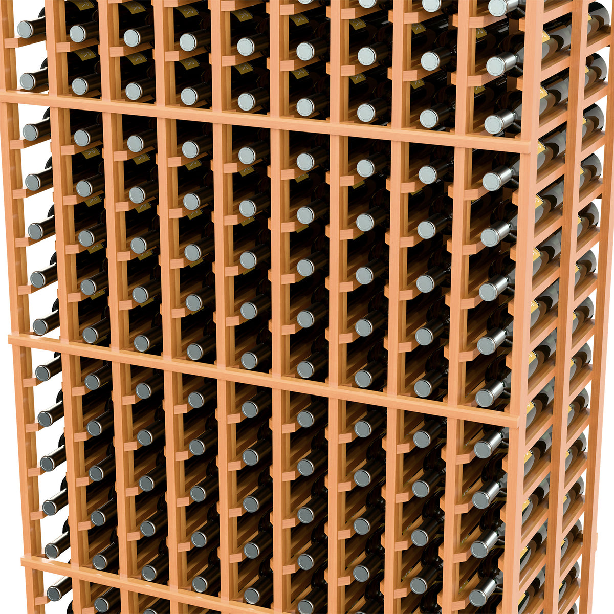 Close-up of 9-column double deep wine rack with orange rails and wine bottles in place