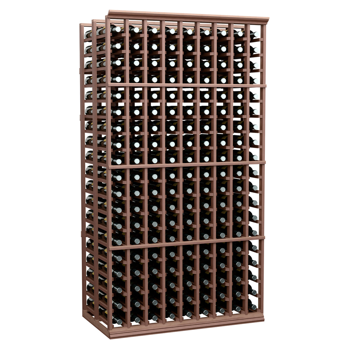 9-column double deep wine bottle rack with dark wood frame and black bottle holders
