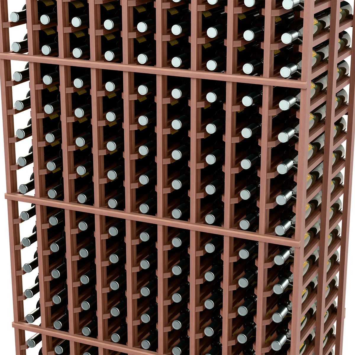 Close-up of 9-column double deep wine rack with dark rails and wine bottles in slots