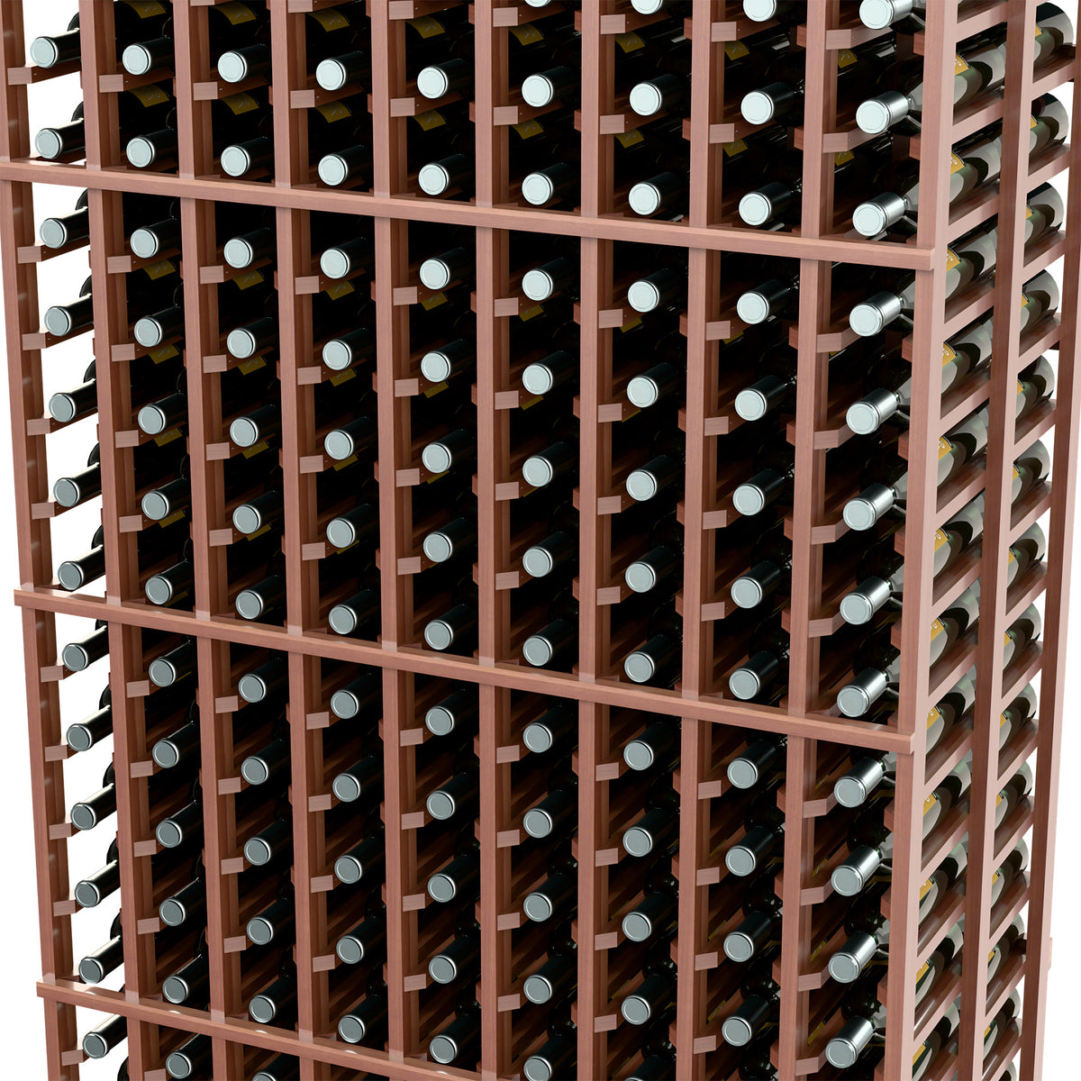 Close-up of 9-column wine rack showing bottle slots on dark wood dividers