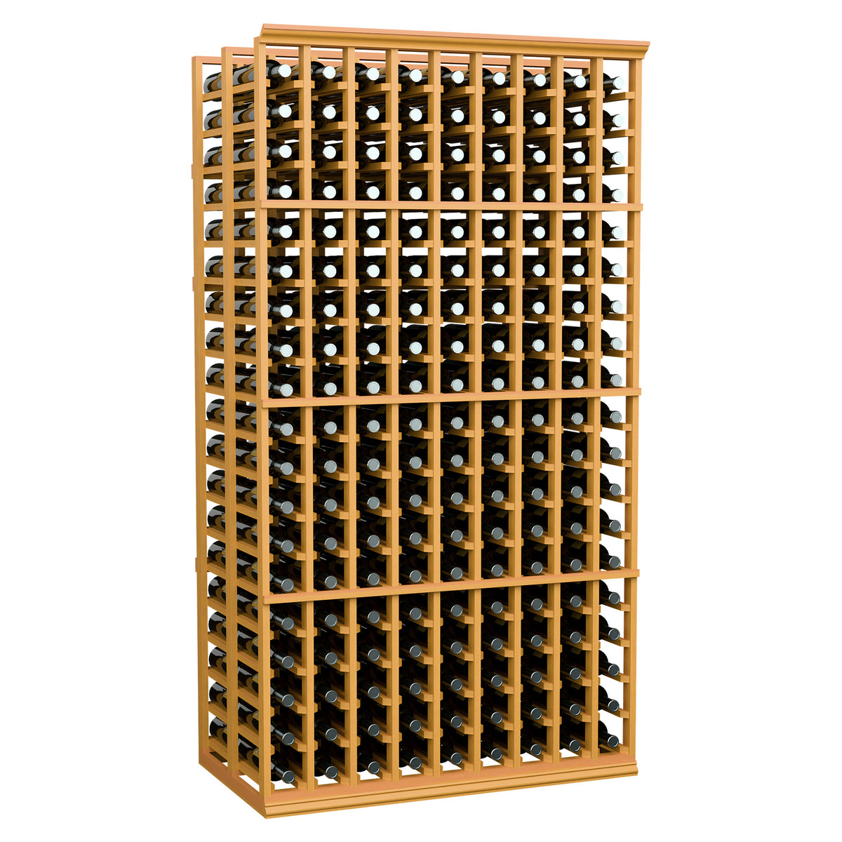Double deep 9-column wine rack with bottle slots, light wood frame
