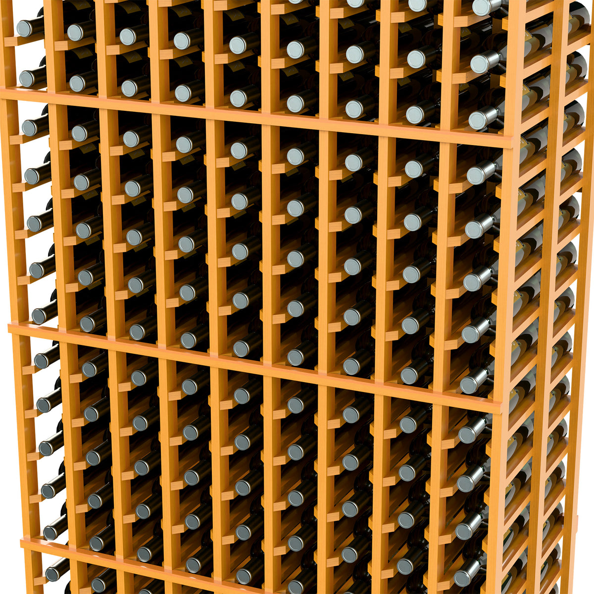 Close-up of 9-column wine rack showing bottle slots on honey-colored dividers