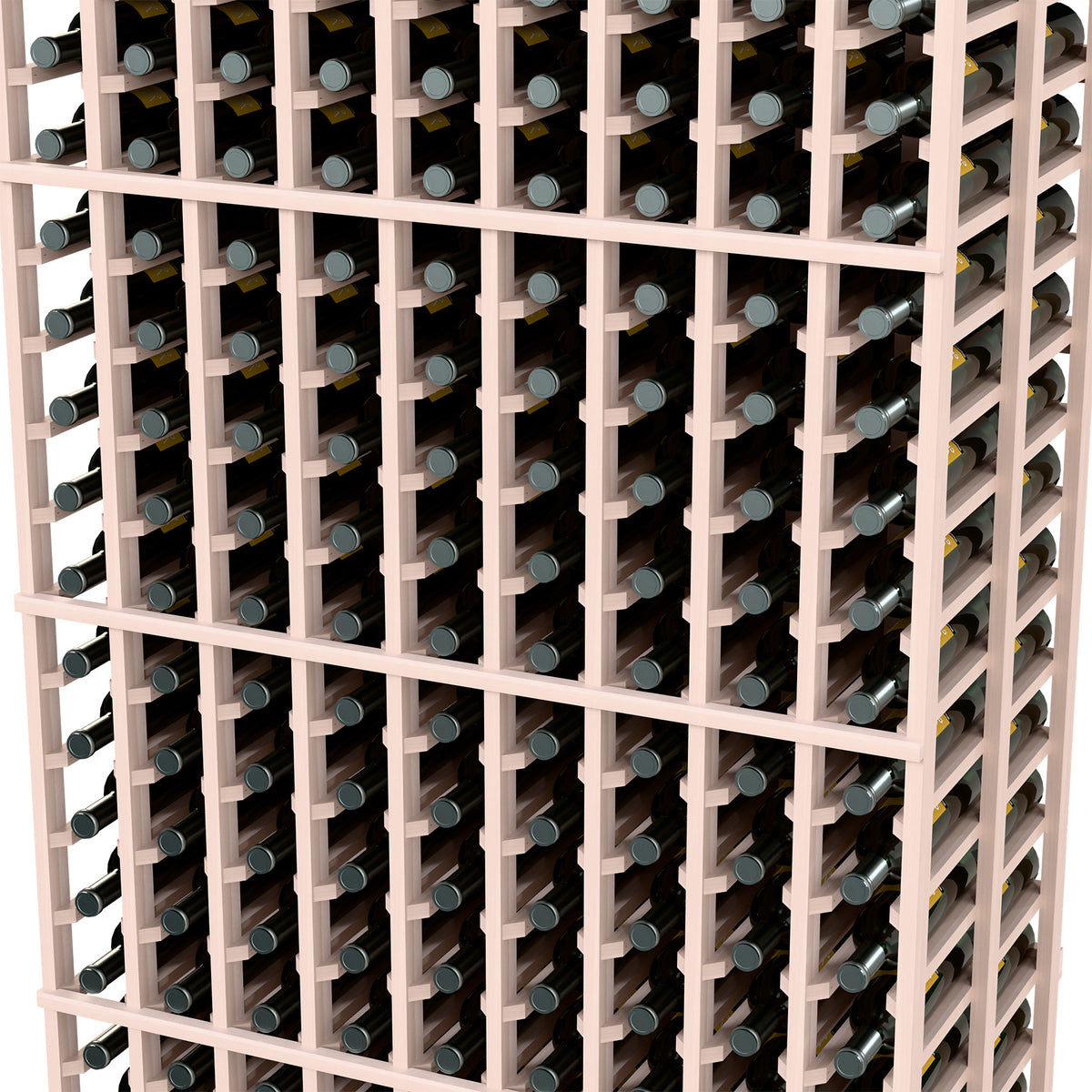 Close-up of 9-column wine rack showing bottle slots on light gray dividers